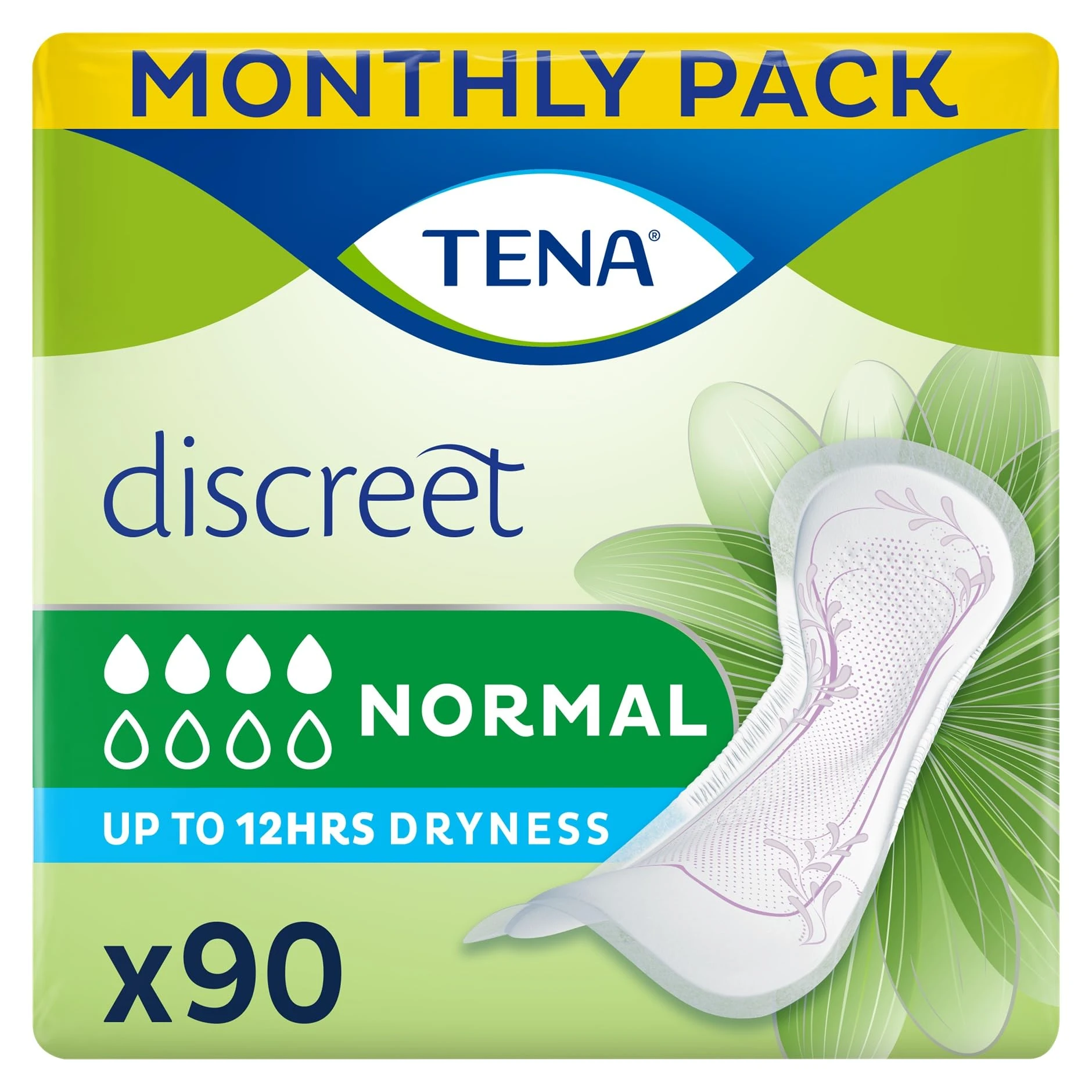 TENA Lady Normal Towels for light to moderate Bladder Weakness -Monthly Pack of Incontinence Pads for women, Pack Of 90, Packaging May Vary