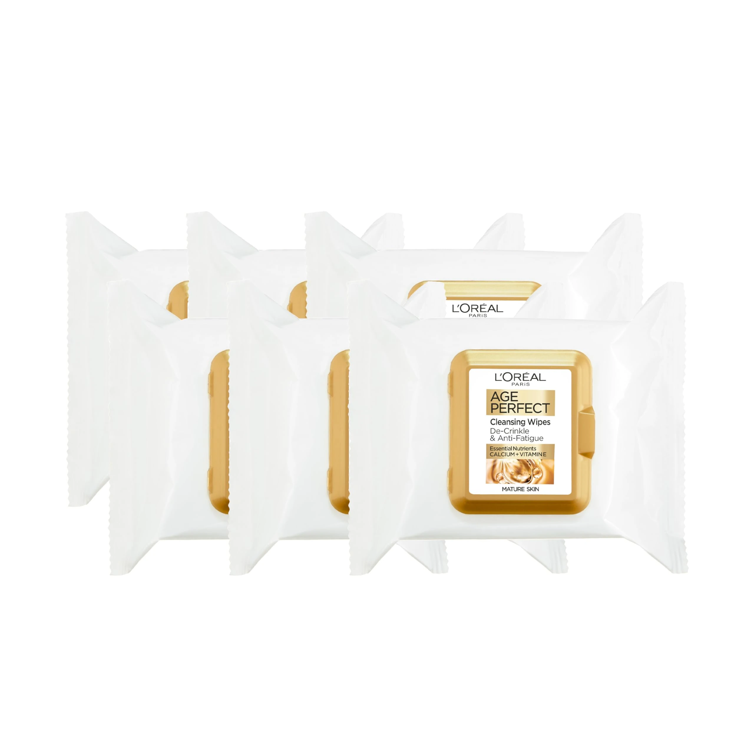 L'Oréal Paris Age Perfect Cleansing Wipes, Pack of 6 (25x Wipes Per Pack), Cleansing Wipes designed for Mature Skin, Formulated with Pro-Calcium & Sweet Almond Oil, Cleanse & Revive Skin, 6x 25 Wipes