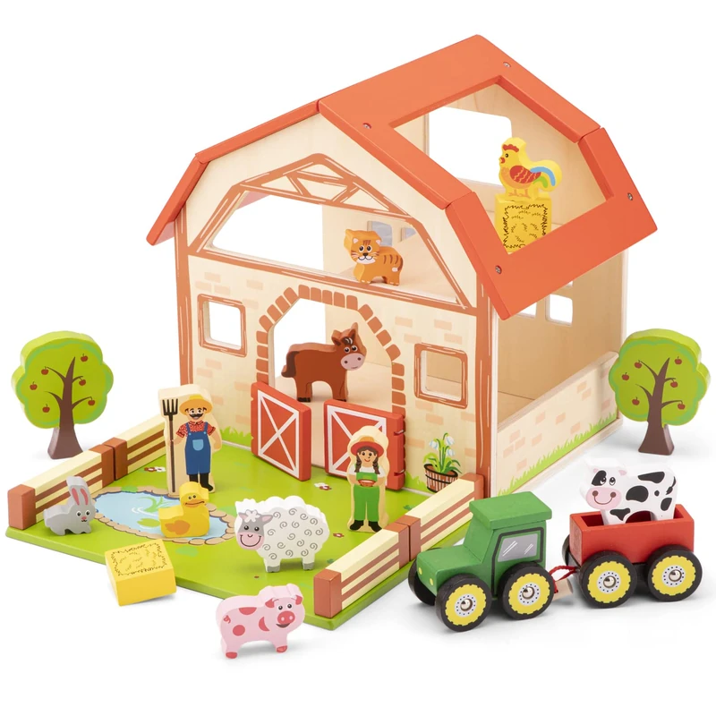 Woet New Classic Toys 10850 Wooden Farm House Playset Educational Perception Toy for Preschool Age Toddlers Boys Girls, multicolor