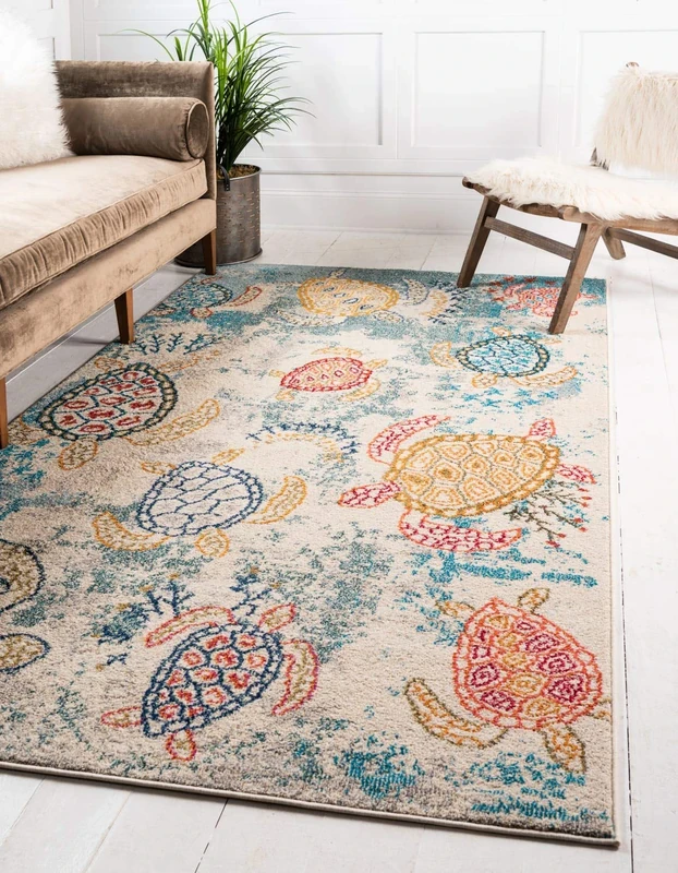 Unique Loom Positano Collection Coastal, Modern, Abstract, Turtles, Distressed, Vintage Area Rug (5' 0 x 8' 0 Rectangular, Beige/Blue) - Image 1