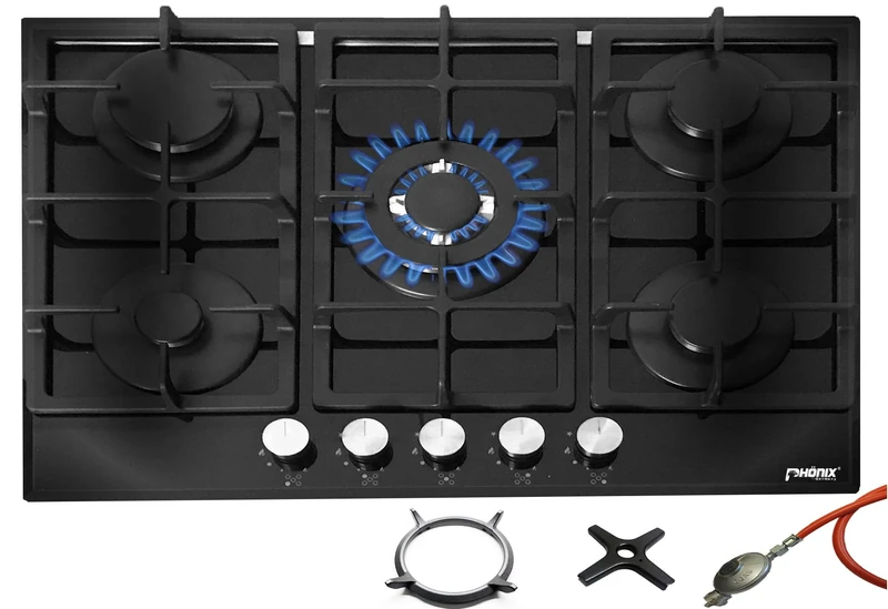 Phönix PG-901T Built-in Gas Hob Glass Gas Cooker 5 Hobs Self-Standing (Free-Standing / Built-In Gas Hob) Including Gas Hose Regulator Set for Propane Gas Bottles
