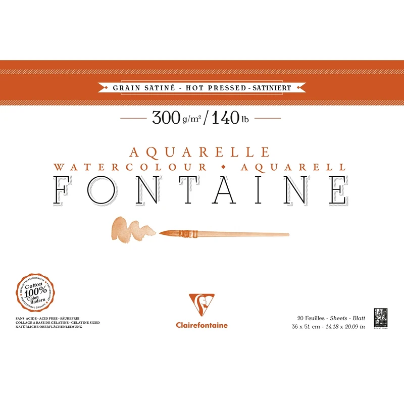 Clairefontaine - Ref 96346C - Fontaine Hot Pressed Watercolour Glued Pad (20 Sheets) - 36 x 51cm Size, 300gsm Paper - Suitable for Watercolour Artwork