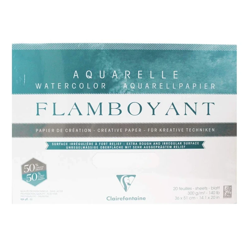 Clairefontaine - Ref 975066C - Flamboyant Watercolour Glued Pad (20 Sheets) - 36 x 51cm Size, Rough Grain, 300gsm Paper - Suitable for Watercolour Artwork