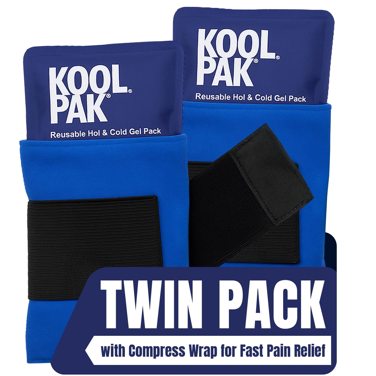 Koolpak Deluxe Hot and Cold Gel Packs Reusable with Compression Wrap - Heat & Ice Therapy for Pain Relief, Injuries & Muscle Aches - Adjustable Elastic Holster - 2 Pack (29 cm x 12 cm)