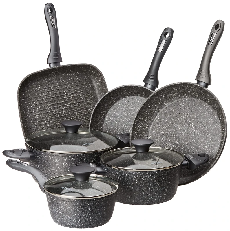 Tognana Mythos Cookware and Pan Set with 3 Saucepans, 2 Pans, 1 Grill, 3 Lids, 9 Pieces, Aluminium, Grey
