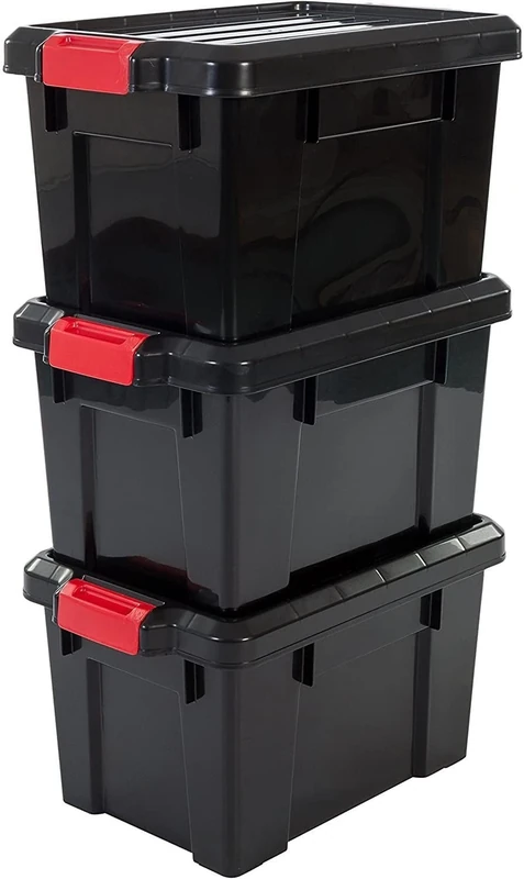 Iris Ohyama, Garage Storage Boxes, Plastic Storage Boxes with Lids, Closing Clips, 21L/3Pack, BPA Free, Black, W46.5 x D29.5 x H25.5cm, SK-210