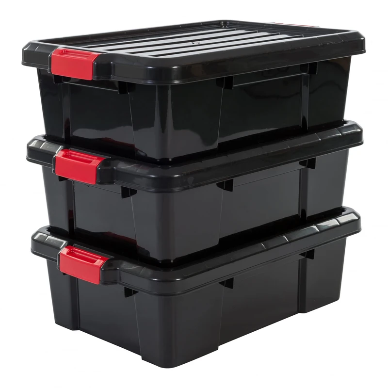 Iris Ohyama, Garage Storage Boxes, Plastic Storage Boxes with Lids, Closing Clips, 25L/3Pack, BPA Free, Black, W59 x D38.5 x H18cm, SK-230