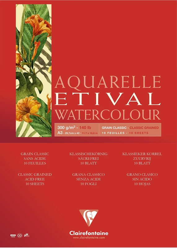 Clairefontaine - Ref 96399C - Etival Classic Grained Glued Watercolour Painting & Drawing Pad (10 Sheets of Paper) - 42 x 56cm - 300gsm Cellulose Art Paper