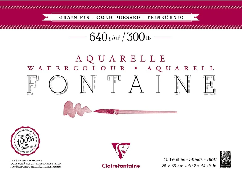 Clairefontaine - Ref 96358C - Fontaine Cold Pressed Watercolour Glued Pad (10 Sheets) - 26 x 36cm Size, 640gsm Paper - Suitable for Watercolour Artwork