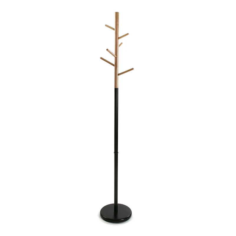 Versa Malmö Floorstanding Coat Rack ideal for hallway or entryway, with 6 Clothes or Bag Hooks or Hangers for the Hallway, Measurements (H x L x W) 171 x 28 x 28 cm, Metal and Wood, Colour Black