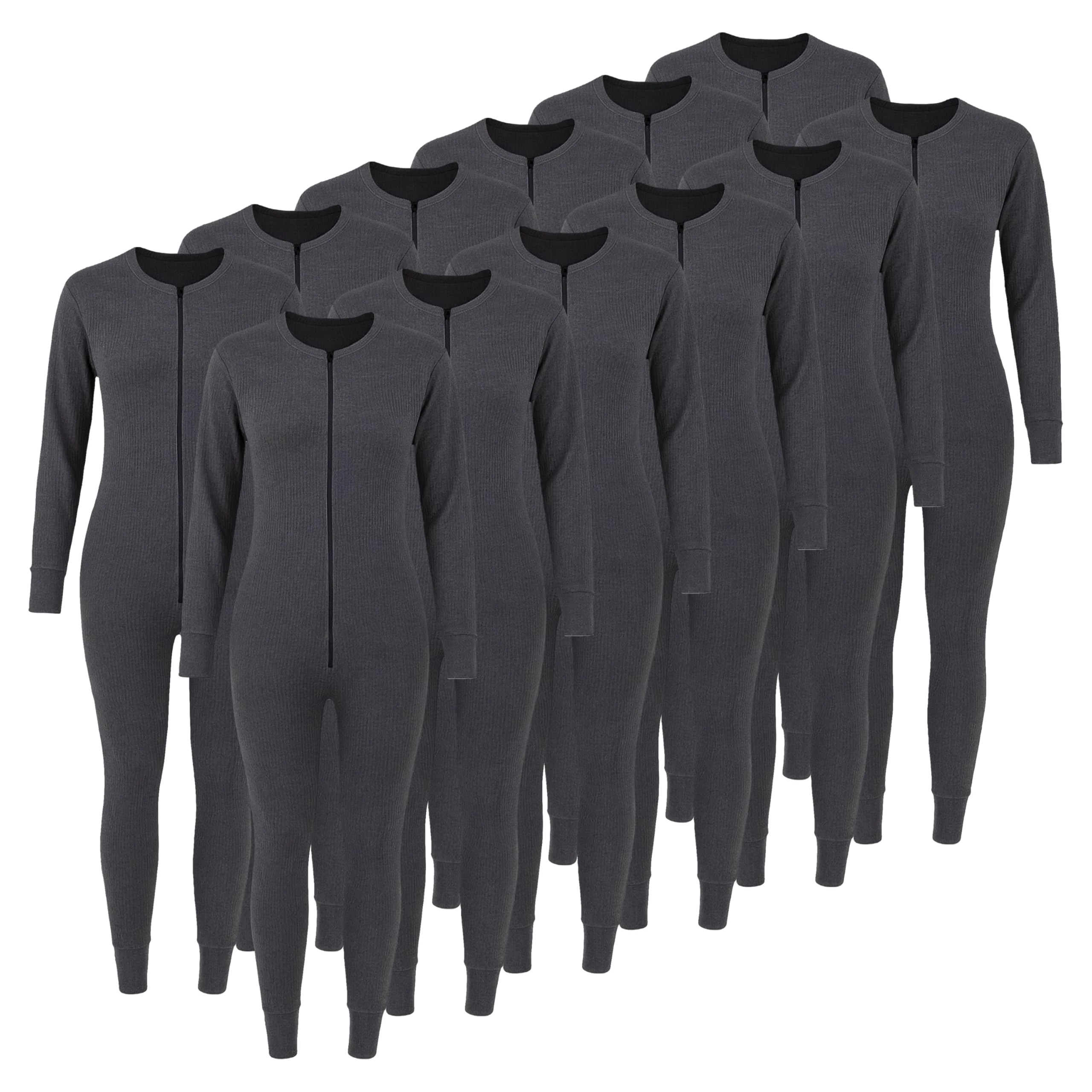 Octave® Pack Of 12 Women's Thermal Onesie All In One Union Suit,Fully Brushed Warm Winter BaseLayer,Zipper Underwear BodySuit Long Sleeve Ladies Thermal Underwear Set Sleepwear Pajamas(Small,Charcoal)