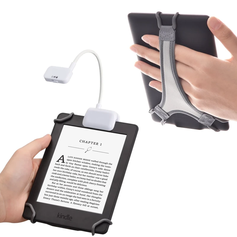 TFY TFY Clip-on LED Reading Light with 2 Levels of Lumen Intensity for Kindle, Other e-Readers, Tablets, Books Plus Bonus Hand Strap Holder for 6 inch Kindle e-Readers - White