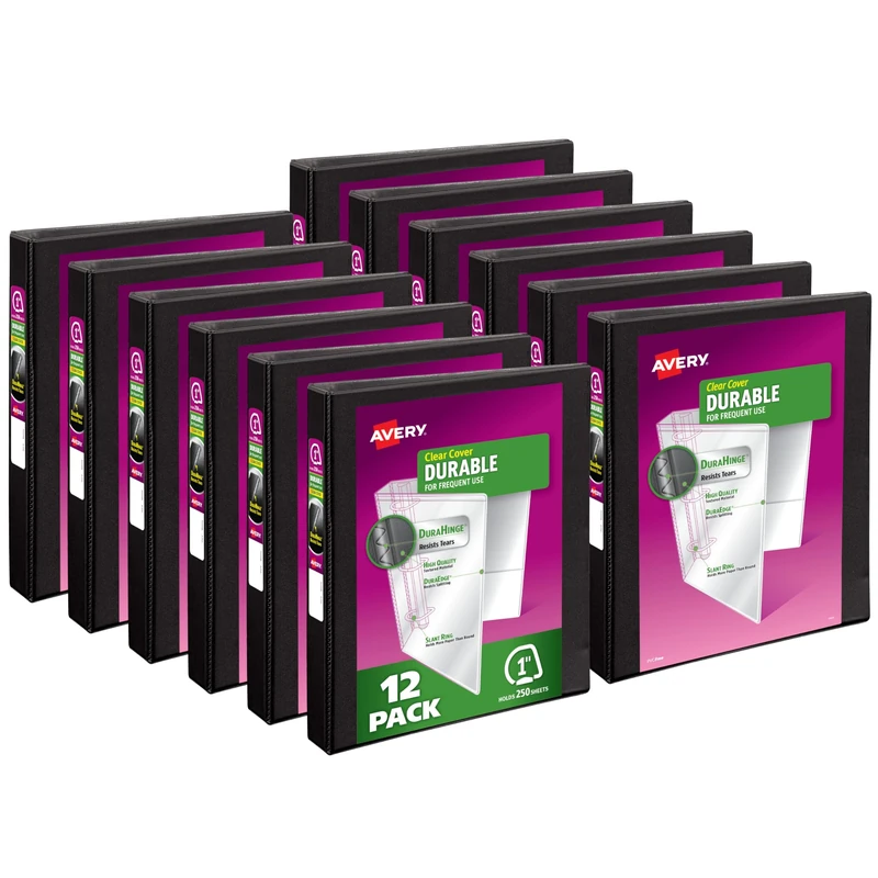 Avery Durable View Binder, 1" Slant Rings, 220-Sheet Capacity, DuraHinge, Black, Case Pack of 12 (17011)