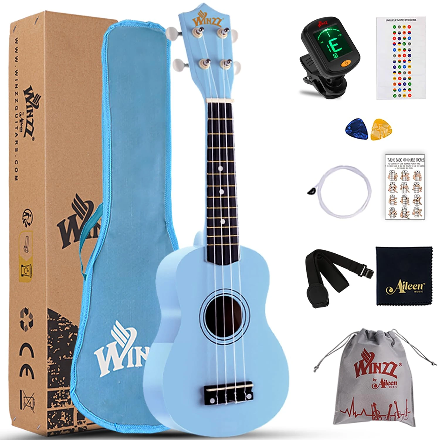 Winzz Blue Ukulele Soprano Beginners Kit with Bag, Clip-On Tuner, Extra Strings, Strap, Plectrum, Fret Stickers, Chords Card, Polishing Cloth