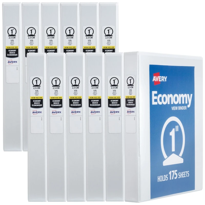 Avery Economy View 3 Ring Binders, 1" Round Rings, 12 White Binders (05711)