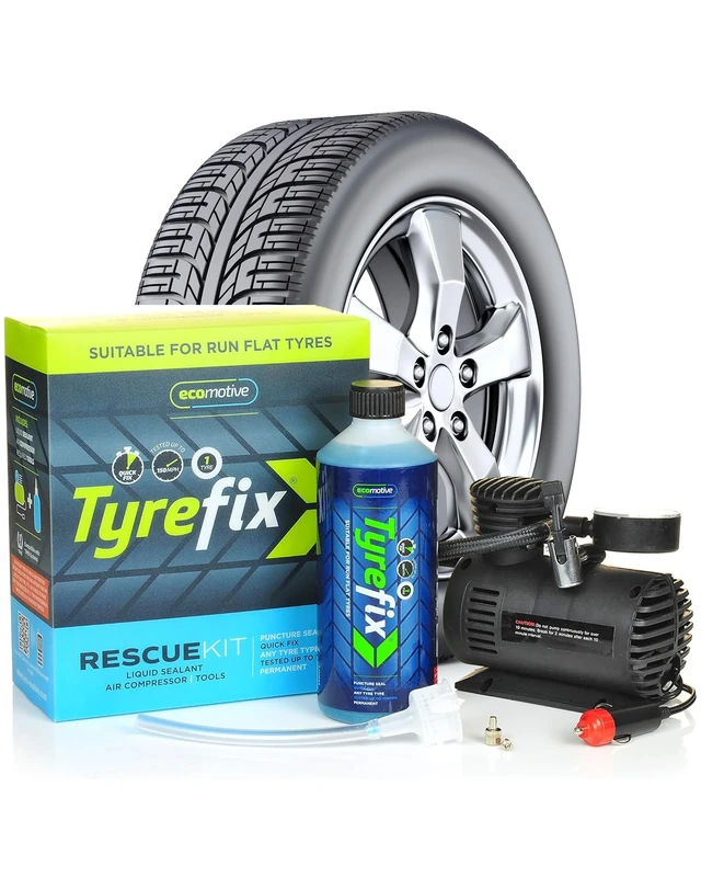 Puncture Repair Kit with Air Compressor - Eco-Motive Tyrefix Tyre Repair Kit – Permanent Puncture Protection for Tubed, Tubeless & Run-Flat Tyres – Compatible with Cars, SUVs, Vans - 550 ml