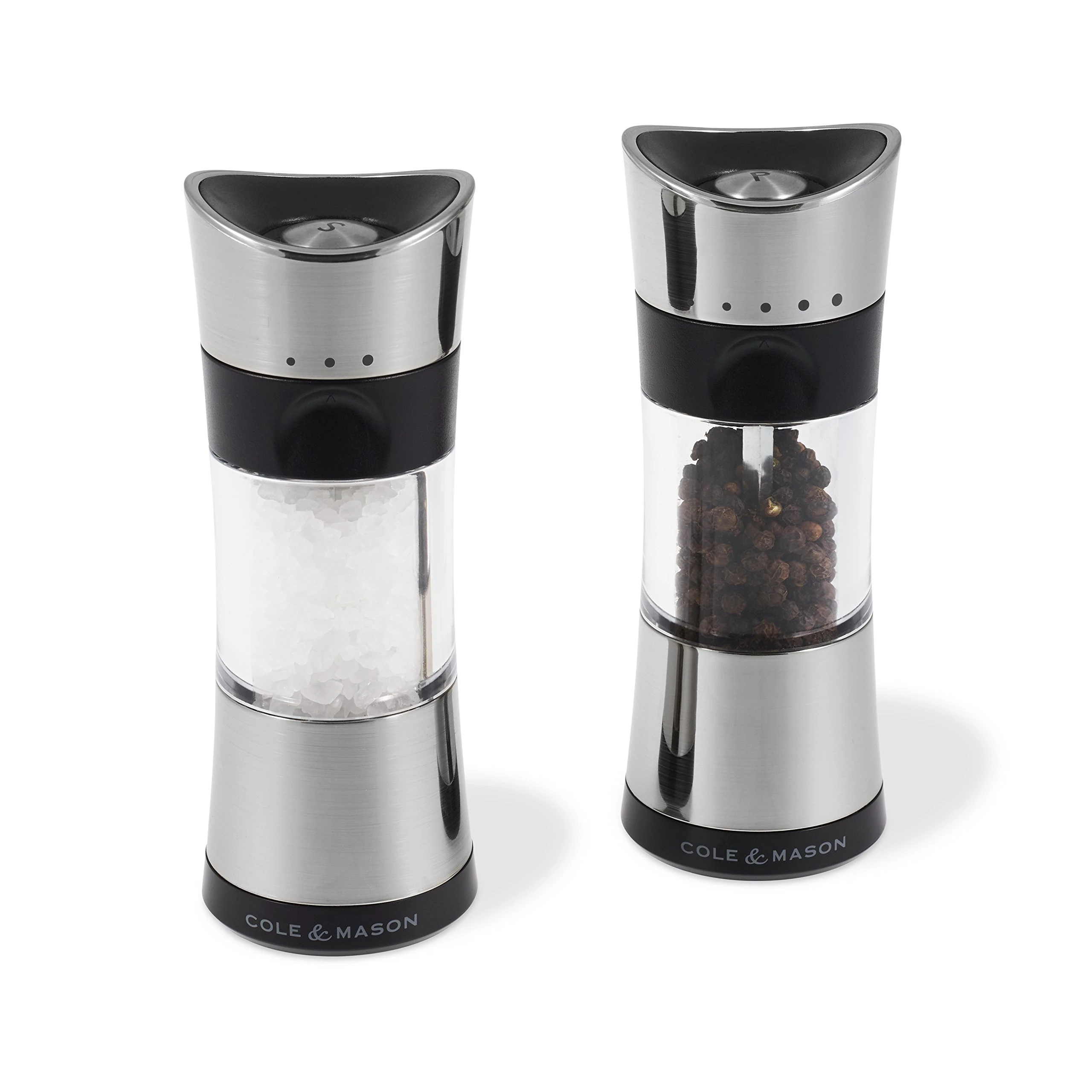 Cole & Mason Horsham Chrome Salt and Pepper Mills, Adjustable Grind Precision+ Mechanism, Non Spill, Chrome/Acrylic, 154 mm, Gift Set, Includes 2 x Salt and Pepper Grinders