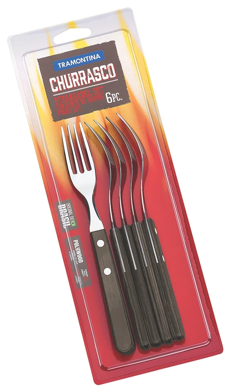 Tramontina Steak Forks, 6 Pcs. Fork Cutlery Set with Wooden Handles, Brown, Camping, Kitchen, Rustic, Dishwasher Safe, 29899161