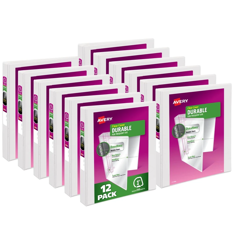 Avery Durable View Binder, 1" Slant Rings, 220-Sheet Capacity, DuraHinge, White, Case Pack of 12 (17012)
