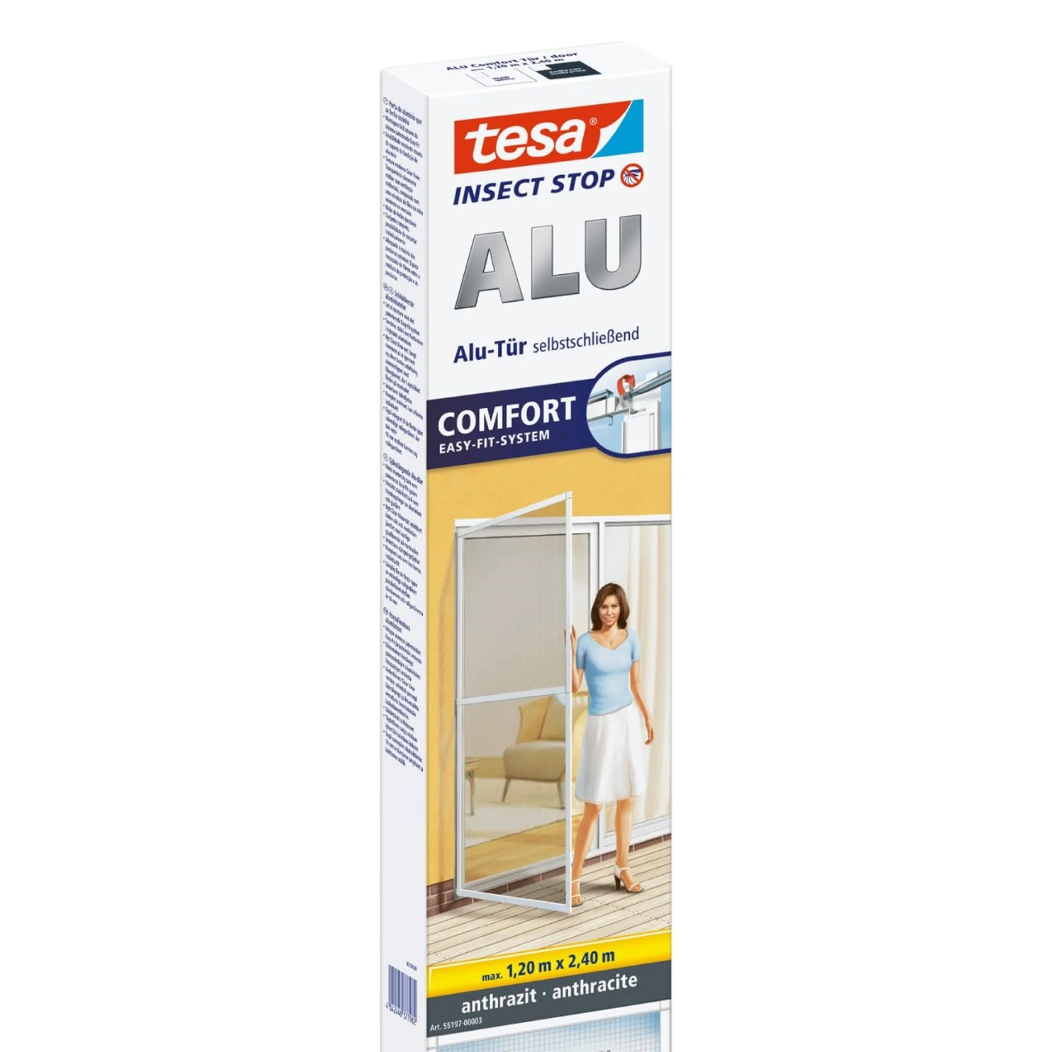 tesa UK Insect Stop ALU Comfort Fly Screen for Doors with Aluminium Frame and Clear View - Door Screen - in Anthracite, 120 cm x 240 cm (55197-00003-00)