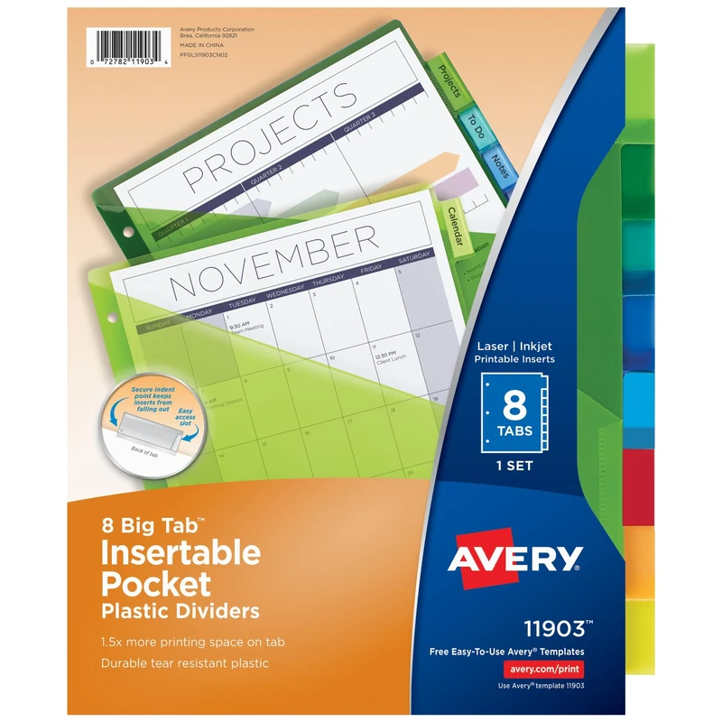 AVERY Plastic 8-Tab Binder Dividers with Pocket, Insertable Multicolor Big Tabs, 24 Sets (11903)