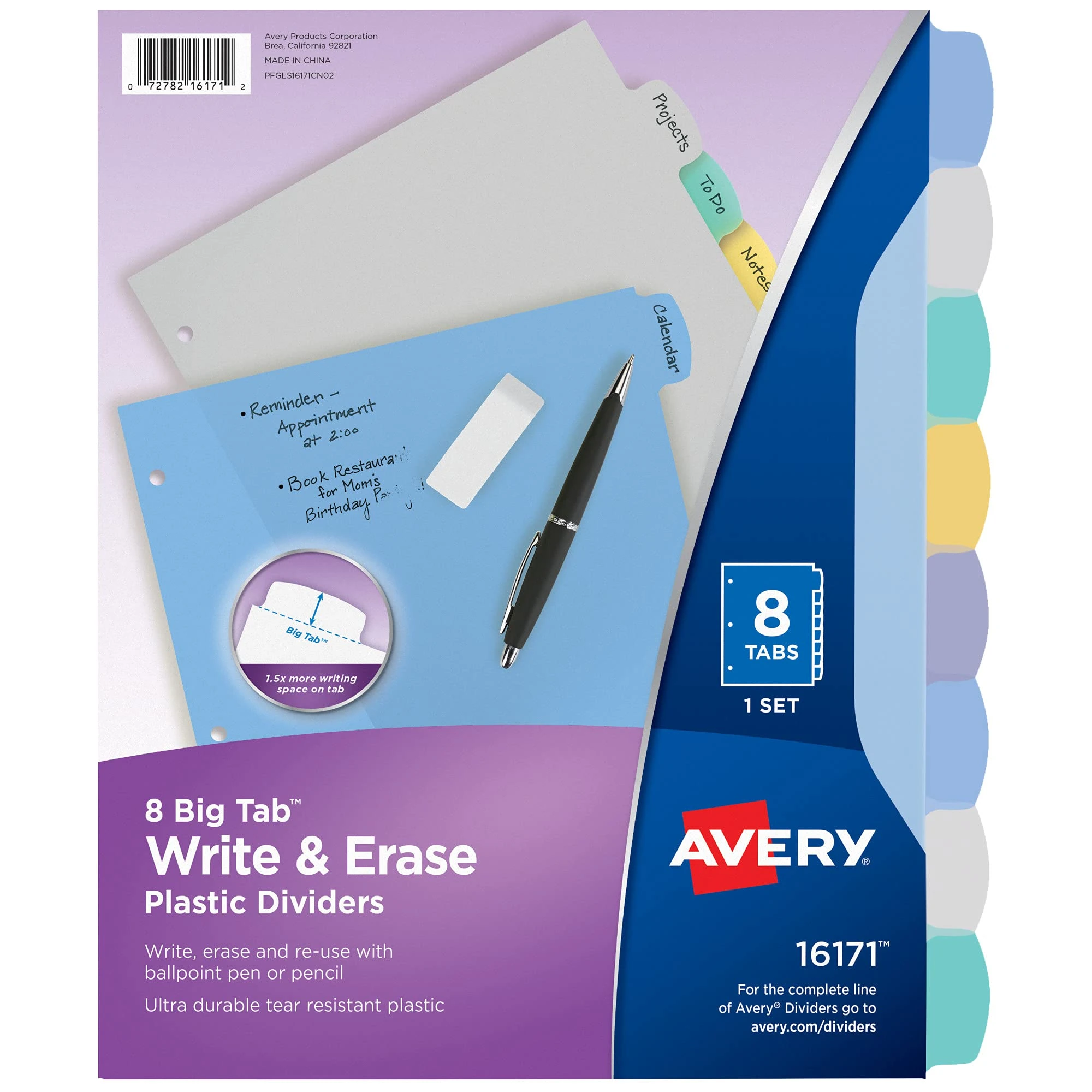 Avery Big Tab Write & Erase Durable Plastic Dividers for 3 Ring Binders, 8-Tab Sets, Pastel Multicolor, 24 Sets, 192 Divider Tabs (16171)