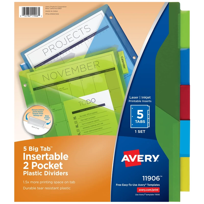 Avery Big Tab Insertable Two-Pocket Plastic Dividers, 5 Multicolor Tabs, Case Pack of 24 Sets (11906)