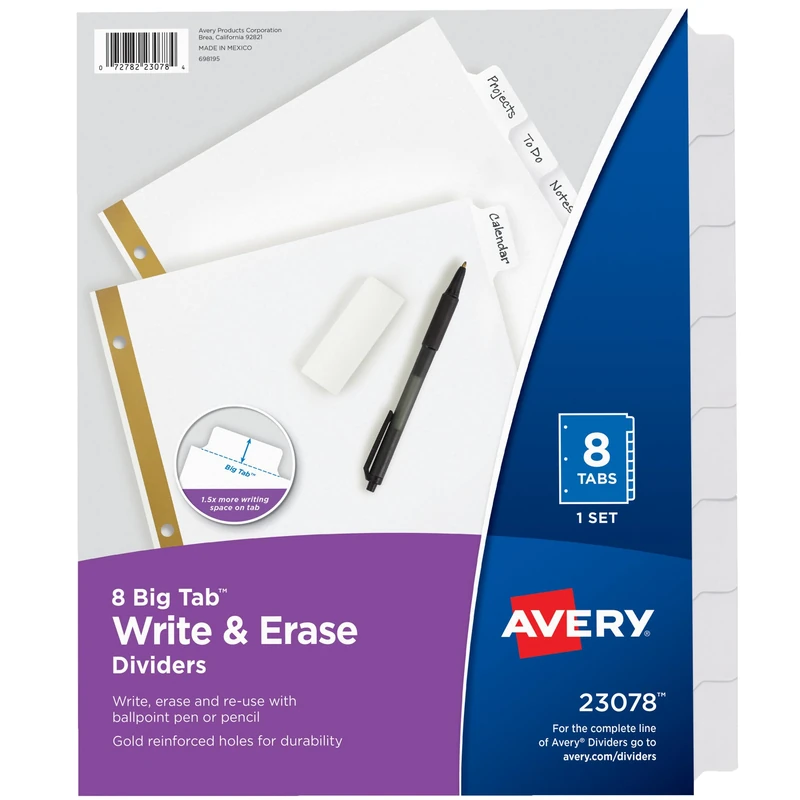Avery 8-Tab Binder Dividers, Write & Erase White Big Tabs, 48 Sets (23078)