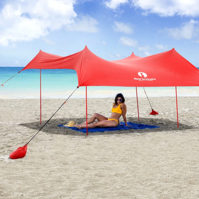 Red Suricata Family Beach Sunshade - Sun Shade Canopy | UPF50 UV Protection | Water Repellent Tent with 4 Aluminum Poles, 4 Pole Anchors, 4 Sandbag Anchors | Portable Shelter Tarp (Medium, Red)