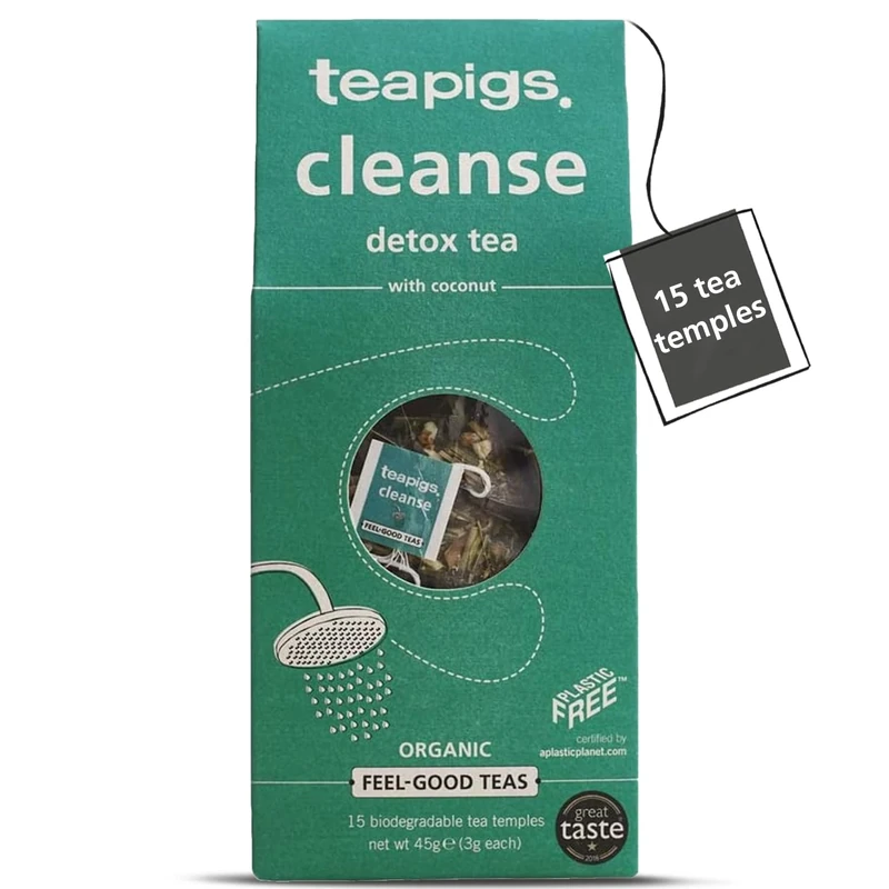 teapigs Organic Cleanse Detox Tea Bags - Green Tea, Dandelion, Ginger & Lemongrass - Supports Digestion & Body Cleansing -15 Eco-Friendly Biodegradable Tea Temples (1 Pack)