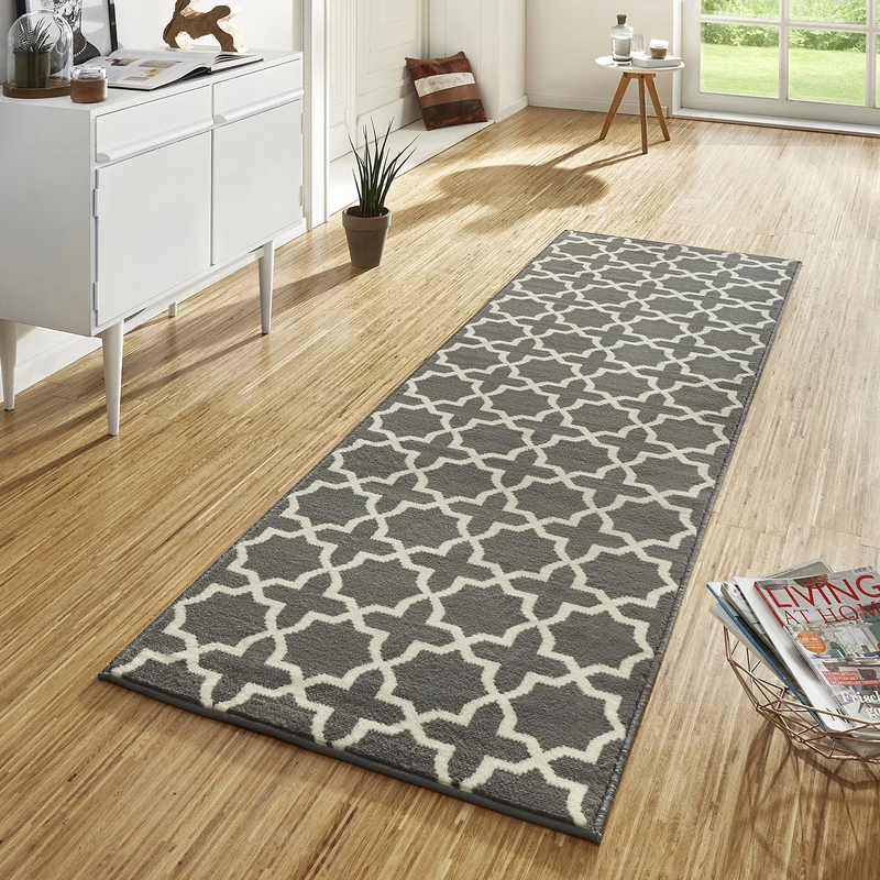 Hanse Home Glam Rug Runner, 80 x 250 cm, Soft Short Pile Rug, Geometric Design Runner for Hallway, Bedroom, Children's Room, Bathroom, Living Room, Kitchen, Decorative Runner - Grey Cream