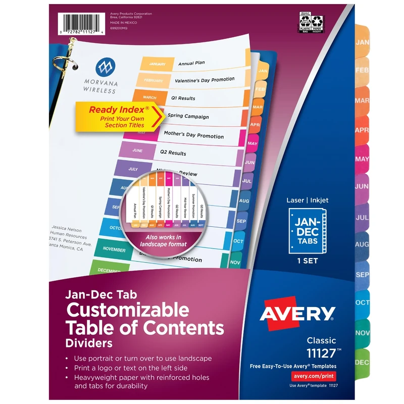 Avery Ready Index Table of Contents Dividers, Jan-Dec, 12 Tabs, Case Pack of 24 Sets (11127)