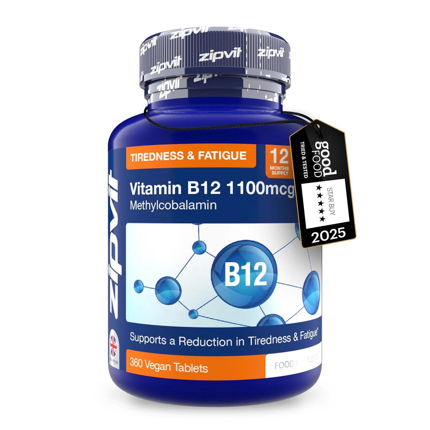 Zipvit Vitamin B12 Tablets High Strength 1100mcg, 1 Year Supply, Pure Methylcobalamin, 360 Vegan Tablets, Reduces Tiredness, Supports Energy and Immunity