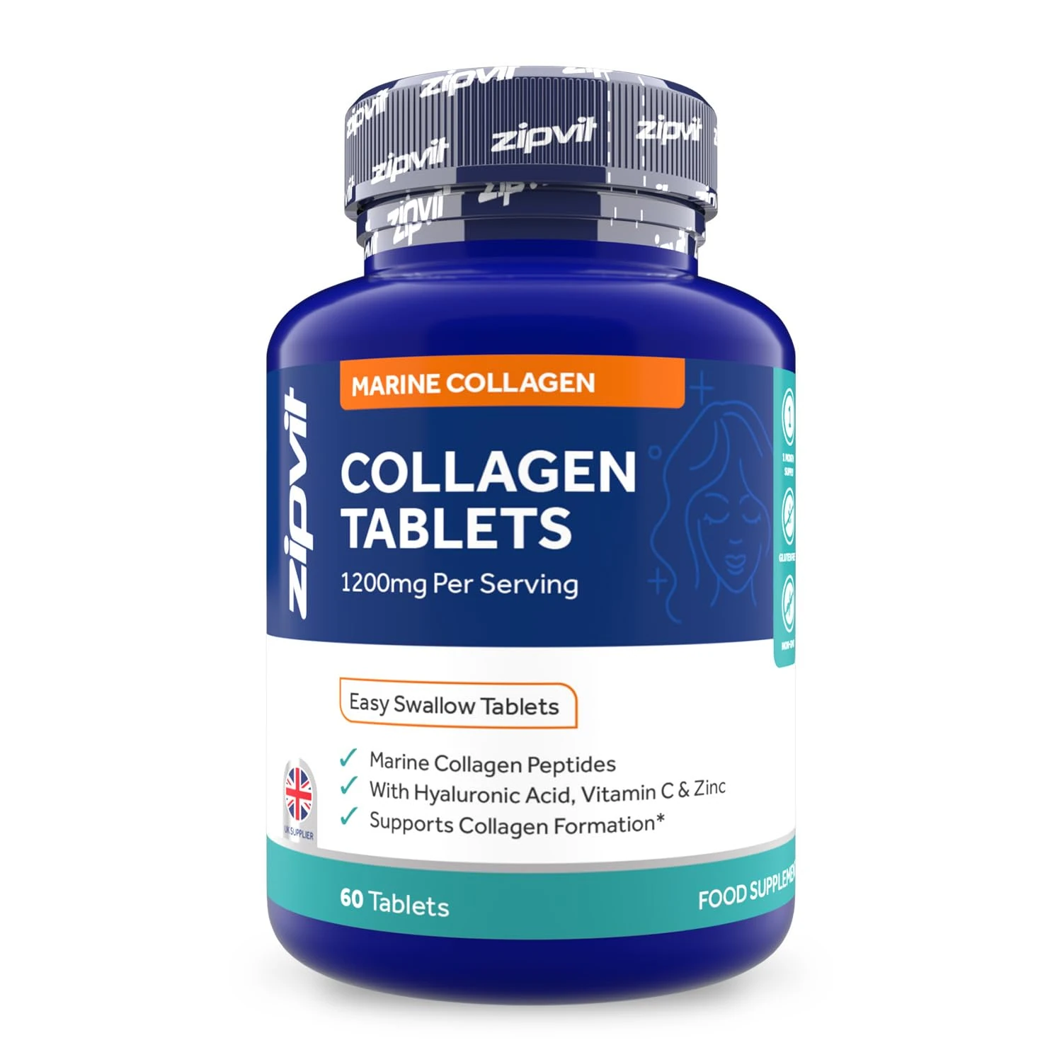 Zipvit Marine Collagen 1200mg Tablets with Hyaluronic Acid, Vitamin C, and Zinc. High Strength Type 1 Collagen for Men and Women, Supports Hair, Skin, and Nails, 60 Tablets, 1 Month Supply