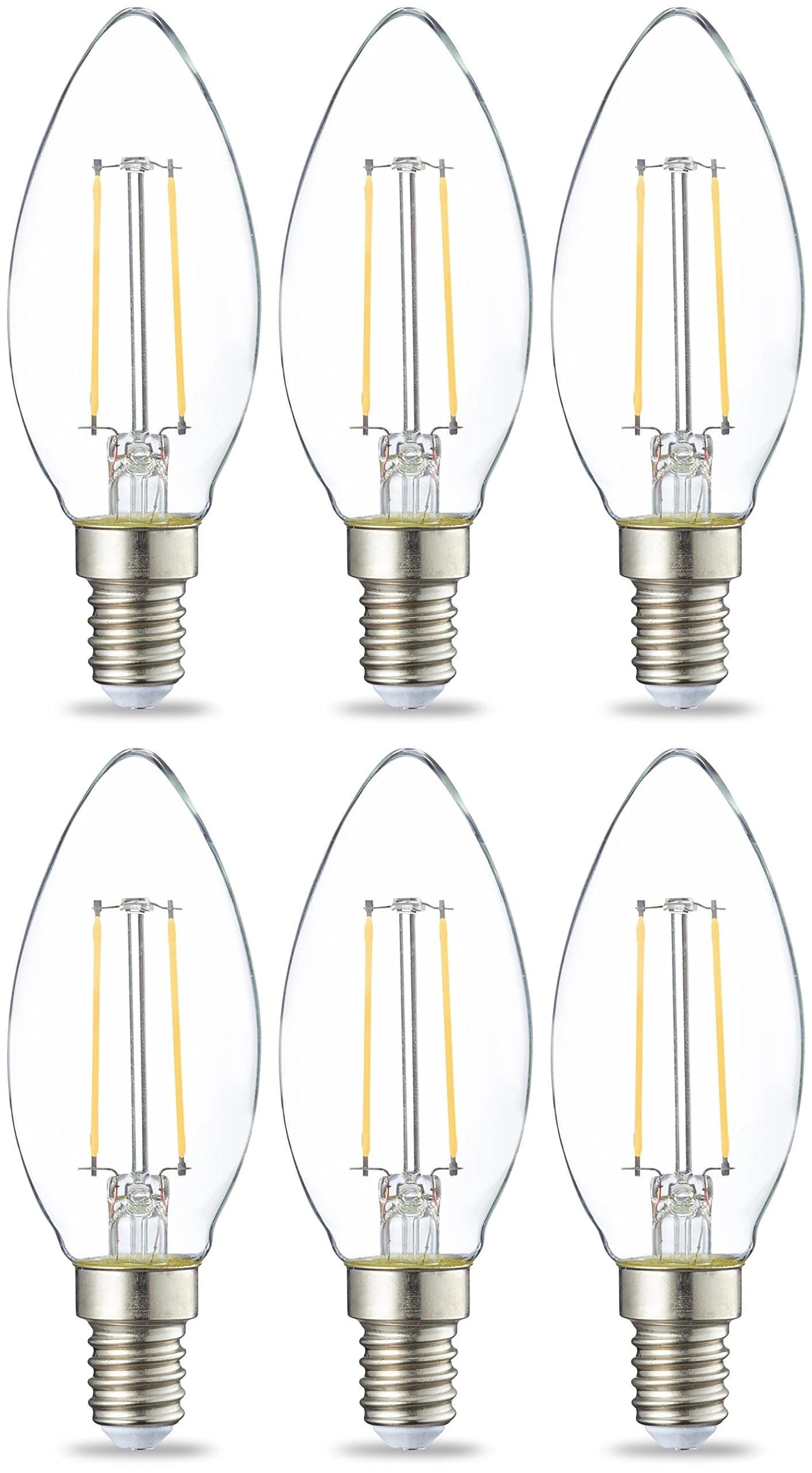 Amazon Basics LED E14 Small Edison Screw Candle Bulb, 2.1W (Equivalent to 25W), Clear Filament, Non Dimmable, Pack of 6, Warm White