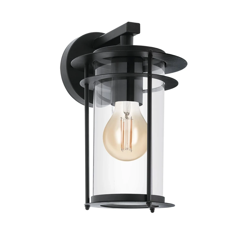 Eglo Valdeo Outdoor Wall Lamp, Porch Lighting, Black Galvanized Steel and Clear Glass Lantern, E27 Socket, IP44