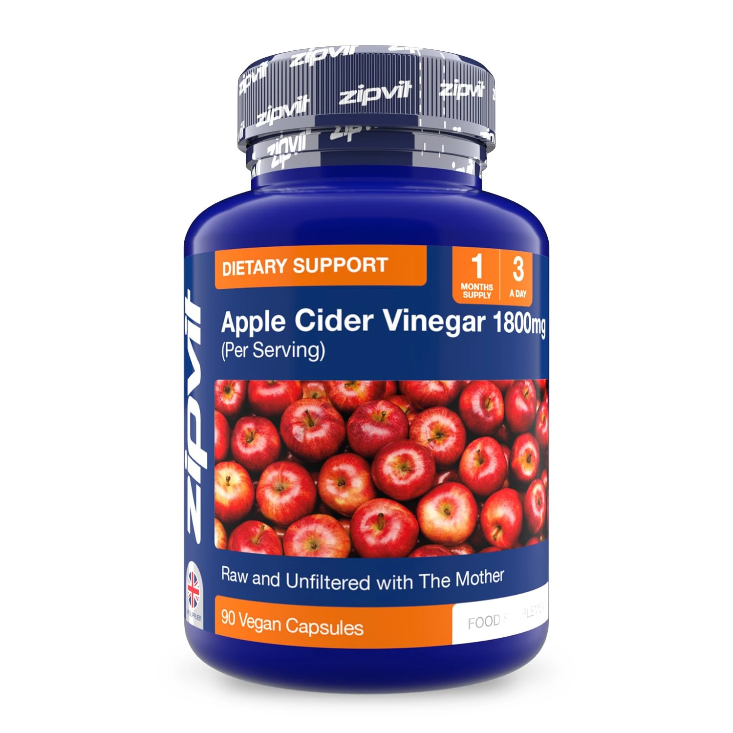 Zipvit Apple Cider Vinegar with Mother 1800mg, 90 Vegan Capsules, Raw & Unfiltered ACV, High Strength, No Aftertaste
