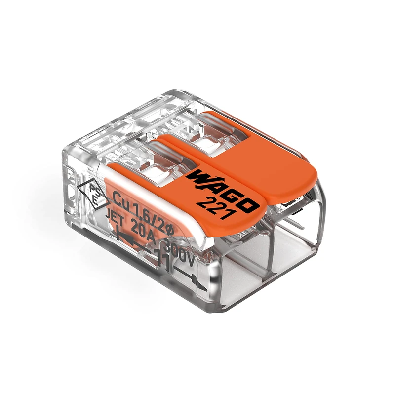 221-412 | WAGO Lever-Nuts® Splicing Connector | for Solid and Stranded Conductors | 2-Conductor with Operating levers | 24-12 AWG | Transparent housing | [Bag of 2500 Pieces]