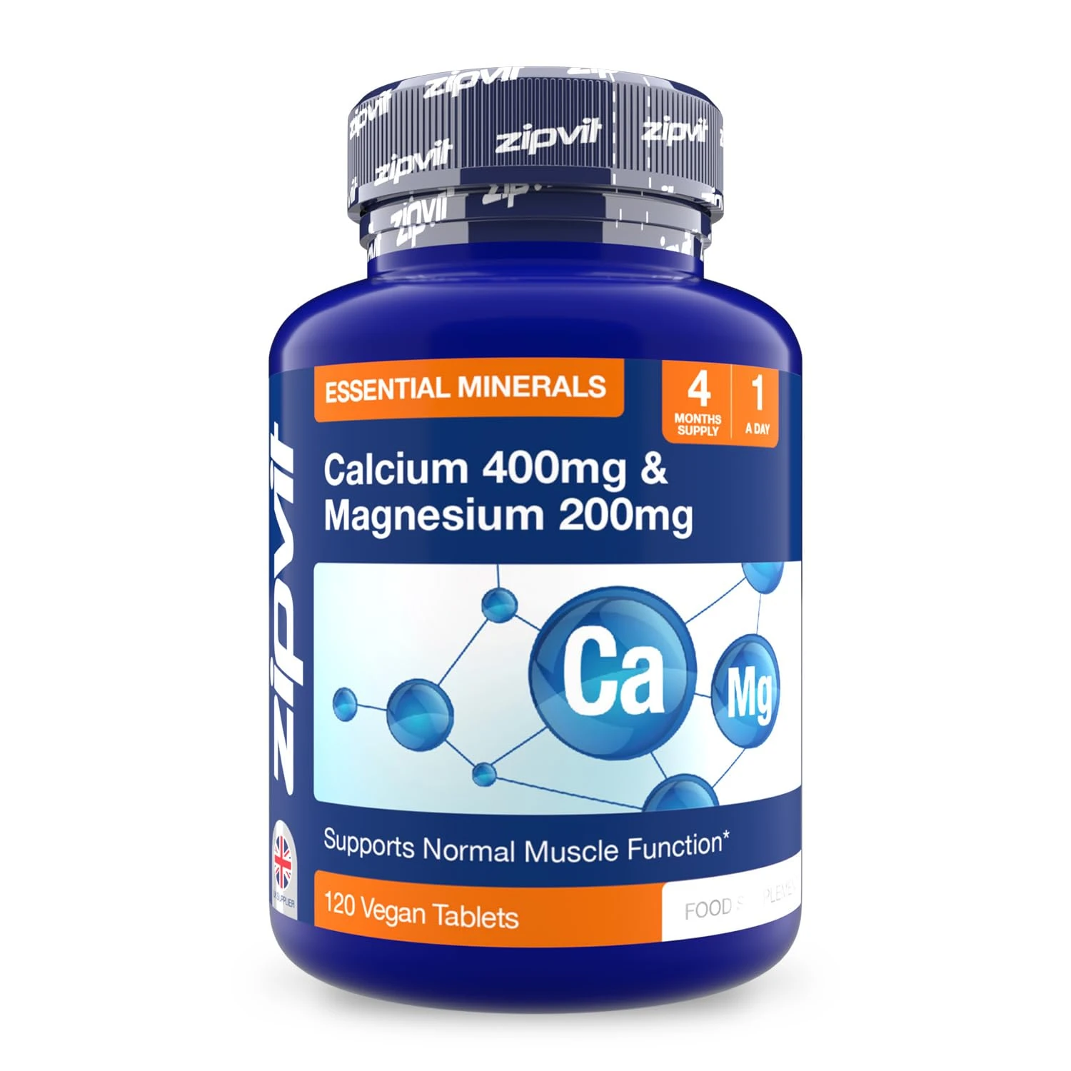 Zipvit Calcium 400mg and Magnesium 200mg, 120 Vegan Tablets (4 Months Supply). Supports Muscle and Bone Health. Vegetarian Society Approved.