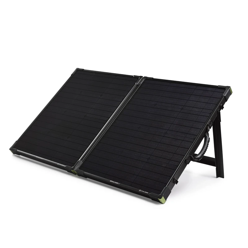 Goal Zero Boulder 100 Briefcase Solar Panel 100 W Total 2 X 50 W Panels Fabric Carry Case Integrated Kick Stand Output 8 mm Solar port male: 14-22 V, up to 7 A (100 W Max) Cell Type: Monocrystalline