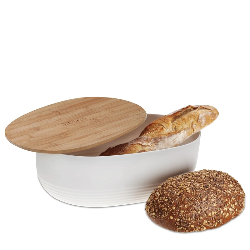 kela bread box white with ventilation holes in the bamboo lid 37.5x23x14cm, bread box plastic, NAMUR, bread storage box