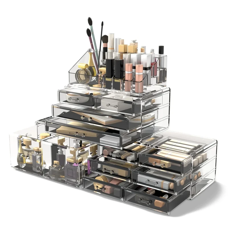 READAEER Makeup Cosmetic Organiser Storage Drawers Display Boxes Case with 12 Drawers, 4 Pieces, Freely Combined and Stacked.