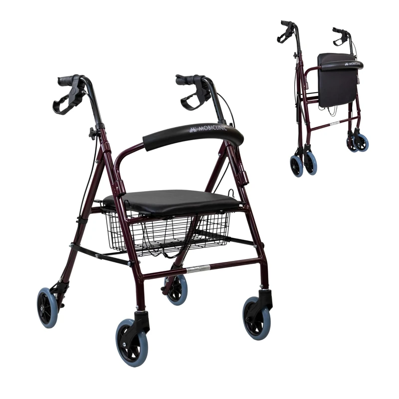 Mobiclinic®, Walker for Elderly, Escorial Model, European Brand, Folding, Manual and Lockable Brakes, Aluminium, Light and Resistant, Rollator with 4 Wheels, Seat and Backrest, Basket, Burgundy
