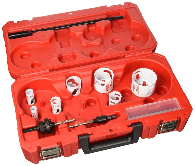 Estuche de 11 piezas (Especial IBERIA) 16, 20, 25, 32, 40, 51, 64mm 1x Adaptador 14-30mm (Ref. 49567010). 1x Adaptador 32-152mm (Ref. 49569100). 2X brocas piloto 1x Extensión de 330mm Llave allen