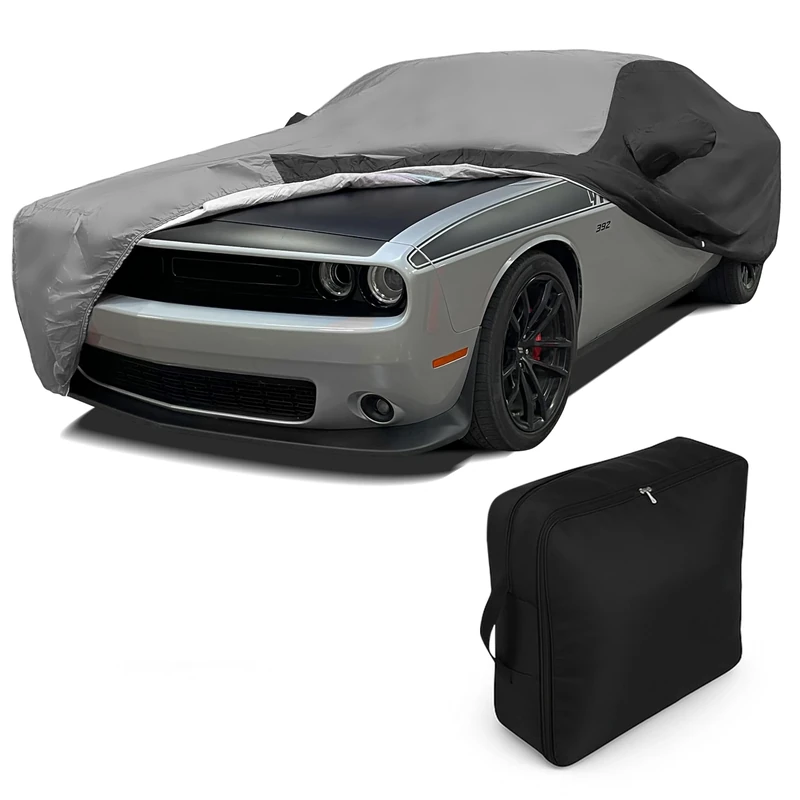 2008-2023 Dodge Challenger Ultraguard Plus Car Cover - Indoor/Outdoor Protection Water Resistant 300 Denier - Custom Fit for All SXT, GT, R/T, Scat Pack, Hellcat Redeye & Widebody (Gray/Black)