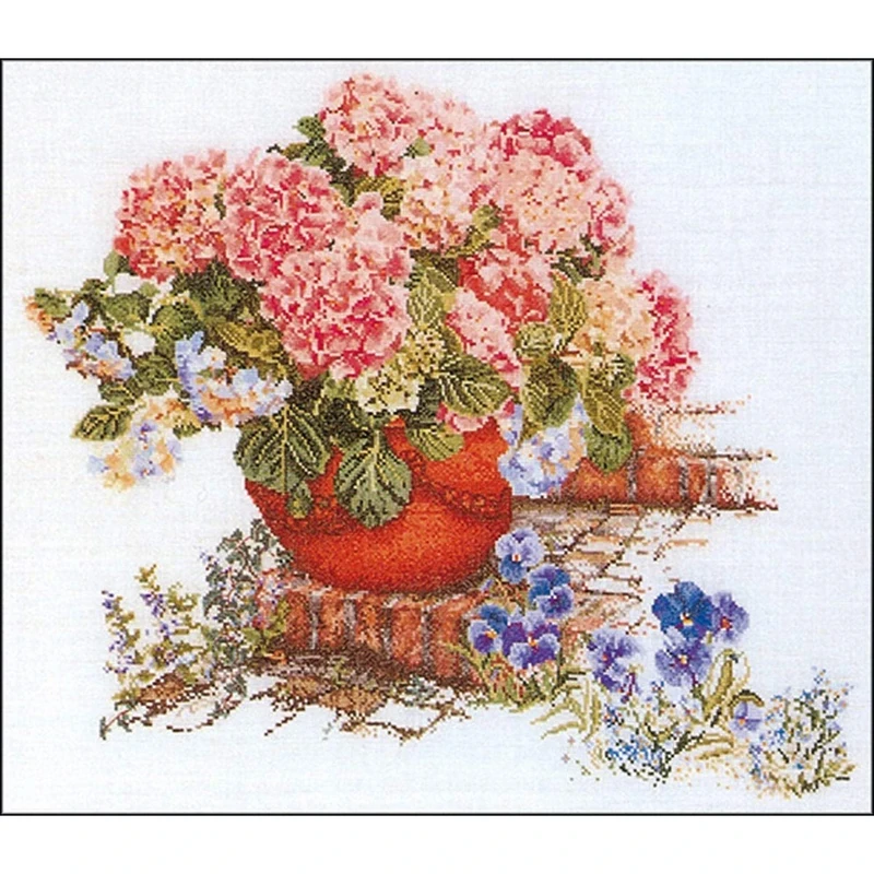 Thea Gouverneur Cross Stitch Kit, Hydrangea & Pansies on Aida (16 Count), 45x50cm