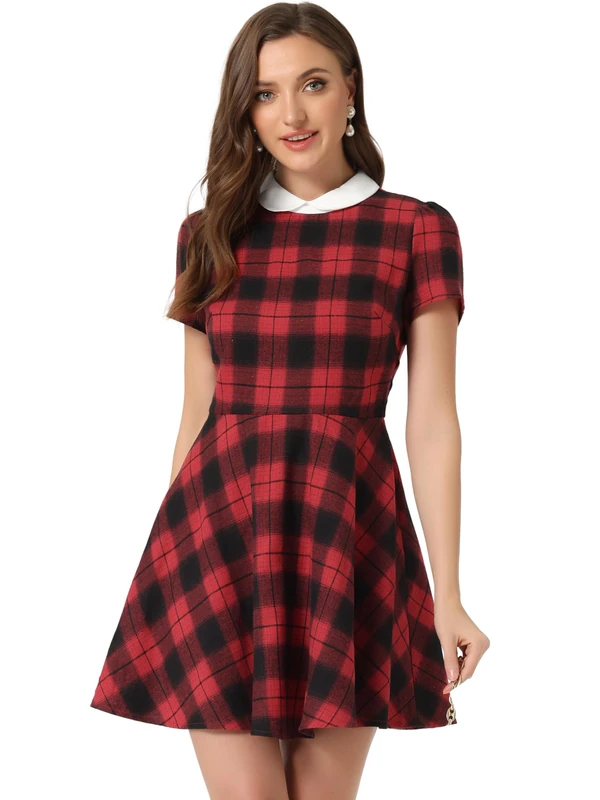 Allegra K Women's Peter Pan Collar Puff Short Sleeve A-line Tartan Dress Red M-12 - Image 1