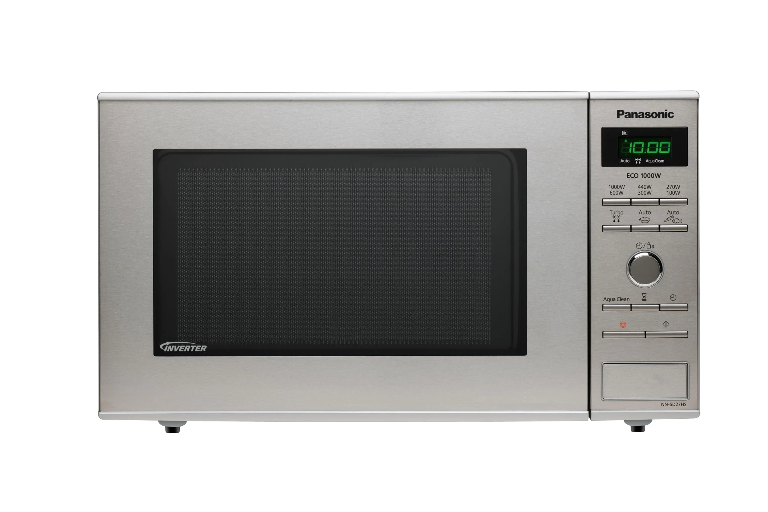Panasonic NN-SD27HSBPQ Inverter Microwave Oven with Glass Turntable, 23L, 1000W, 10 Auto Programmes, Chaos Defrost, 6 Power Levels, Timer, Digital LED Display, Stainless Steel & Silver