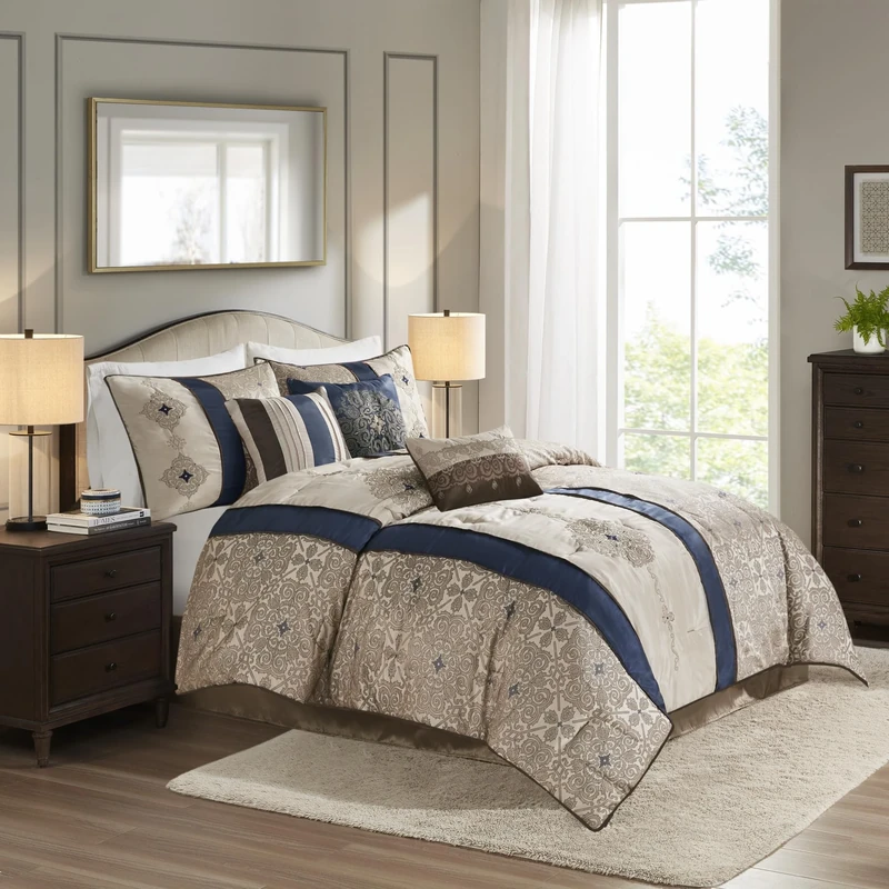 Madison Park All Season Down Alternative Bedding, Matching Shams, Bedskirt, Decorative Pillows, Polyester, Donovan, Navy, King