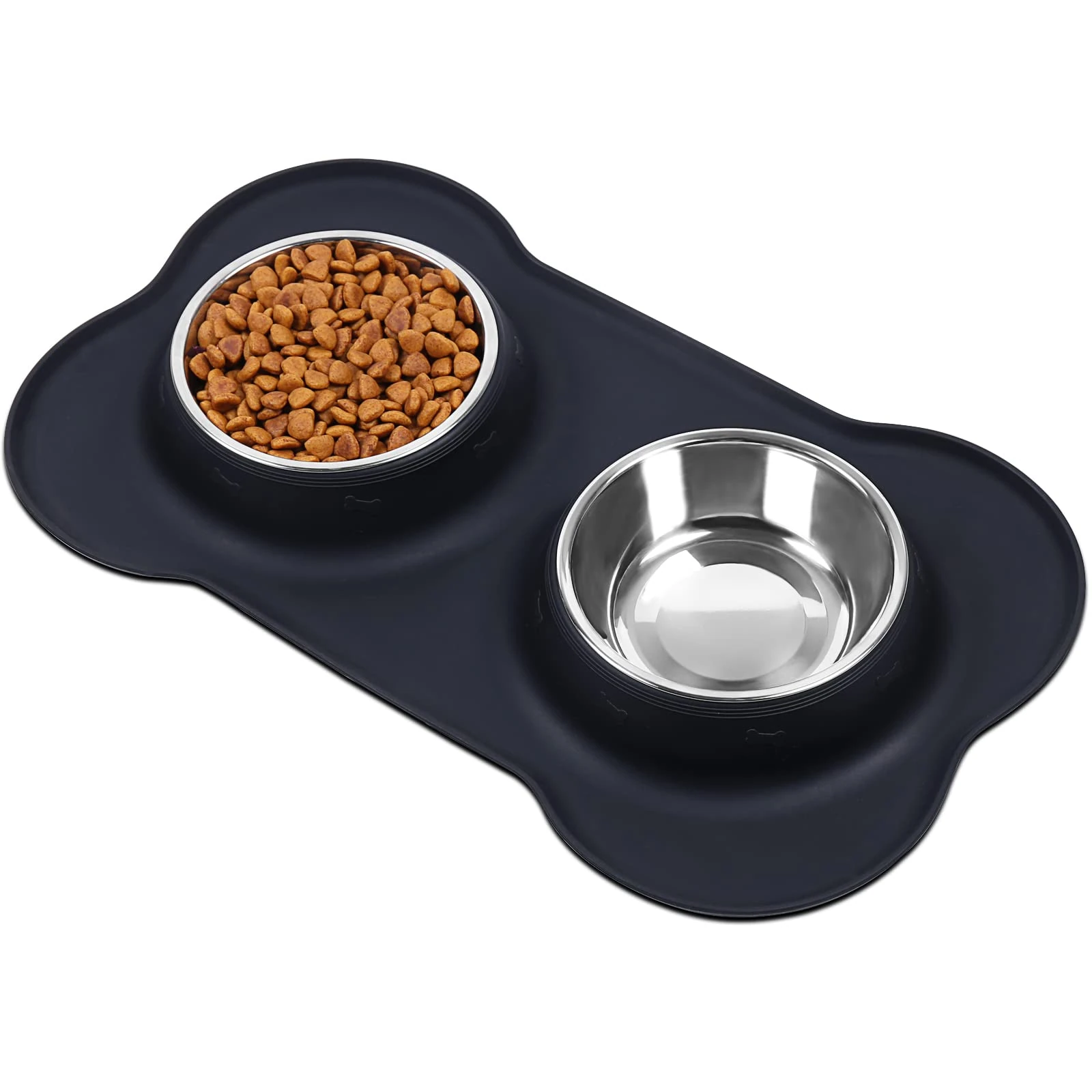 VIVAGLORY Dog Bowl Splashfree Pet Bowl, Dog Dish with Silicone Mat Placemat for Messy Eater, Double Stainless Steel Food Water Feeding Set Dishwasher Safe Spill Proof for Pet, M, Black